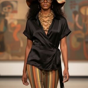 BCBG 100% Silk Wrap Blouse Side Zip Y2K Office Siren Black Tie Top L